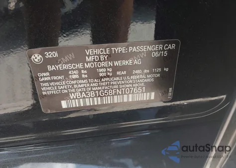 2015 BMW 320 z USA, uszkodzony, nr VIN WBA3B1G58FNT07651